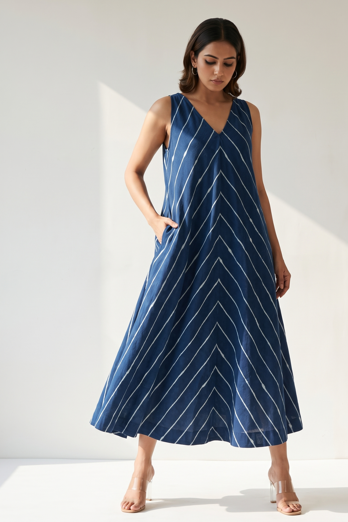 Indigo Ink Flow Lines Cotton Sleeveless Strap V-Neck Bias Dress Mc
