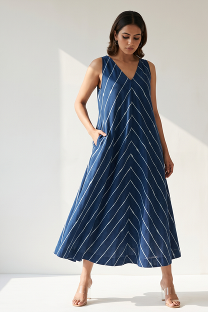 Indigo Ink Flow Lines Cotton Sleeveless Strap V-Neck Bias Dress Mc