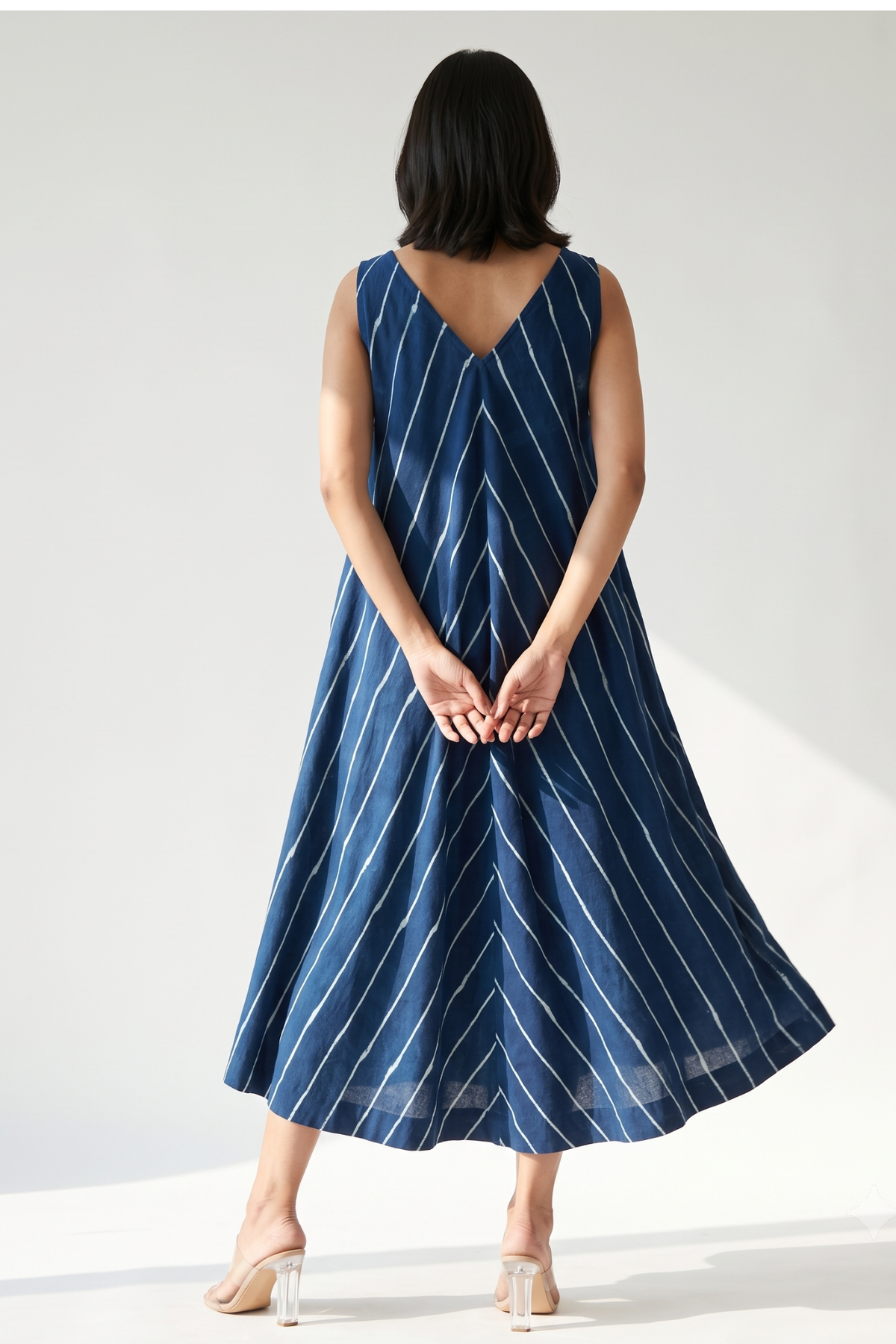 Indigo Ink Flow Lines Cotton Sleeveless Strap V-Neck Bias Dress Mc
