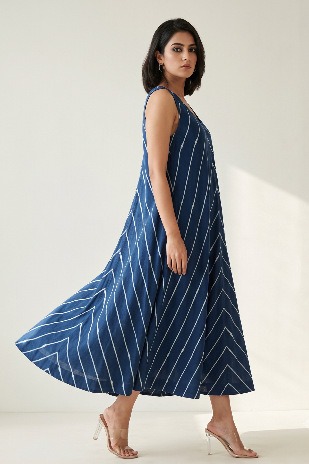 Indigo Ink Flow Lines Cotton Sleeveless Strap V-Neck Bias Dress Mc