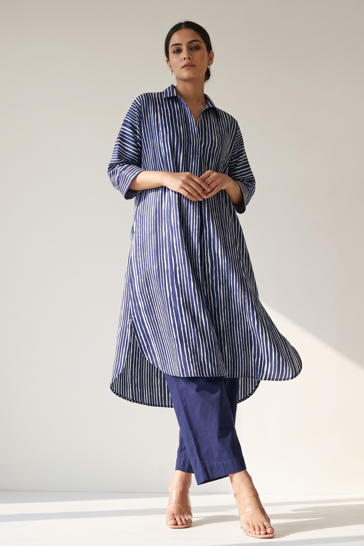 Indigo Linear Rhythm Cotton Satin Collar Box Pleat Kurta Mc