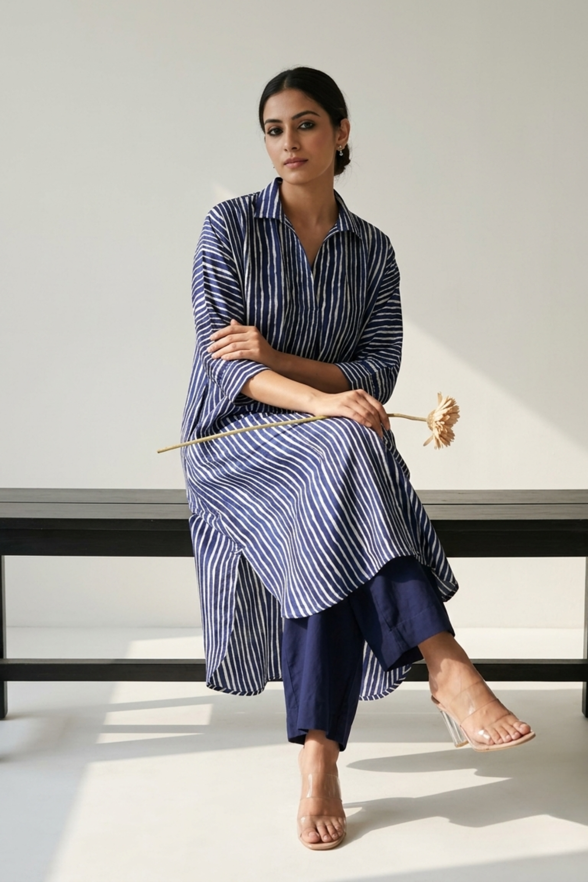 Indigo Linear Rhythm Cotton Satin Collar Box Pleat Kurta Mc