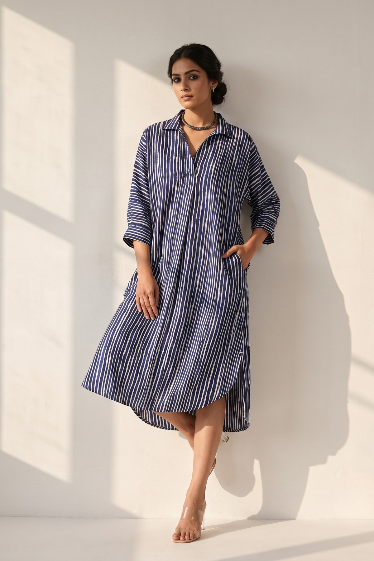 Indigo Linear Rhythm Cotton Satin Collar Box Pleat Kurta Mc