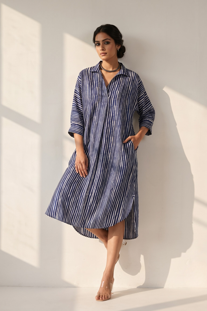 Indigo Linear Rhythm Cotton Satin Collar Box Pleat Kurta Mc