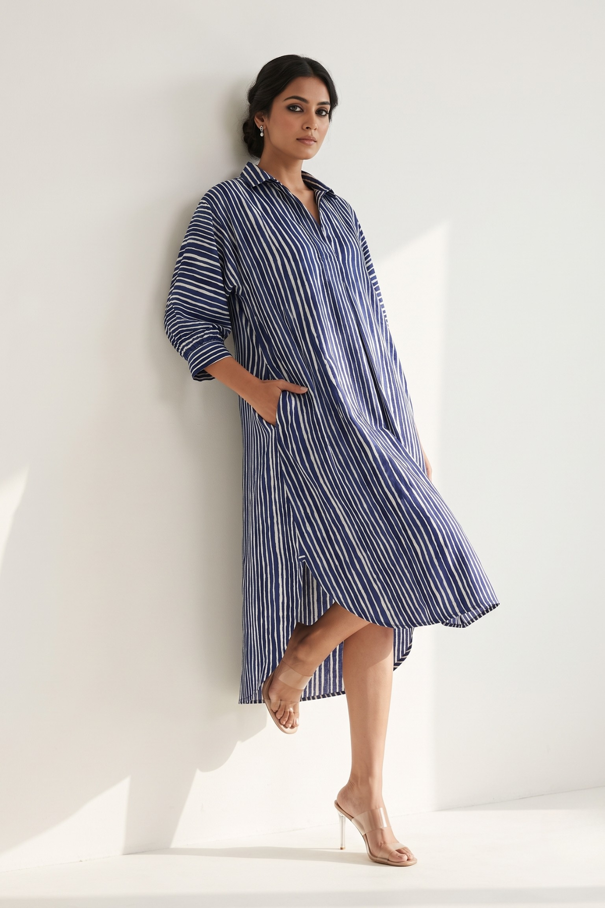 Indigo Linear Rhythm Cotton Satin Collar Box Pleat Kurta Mc
