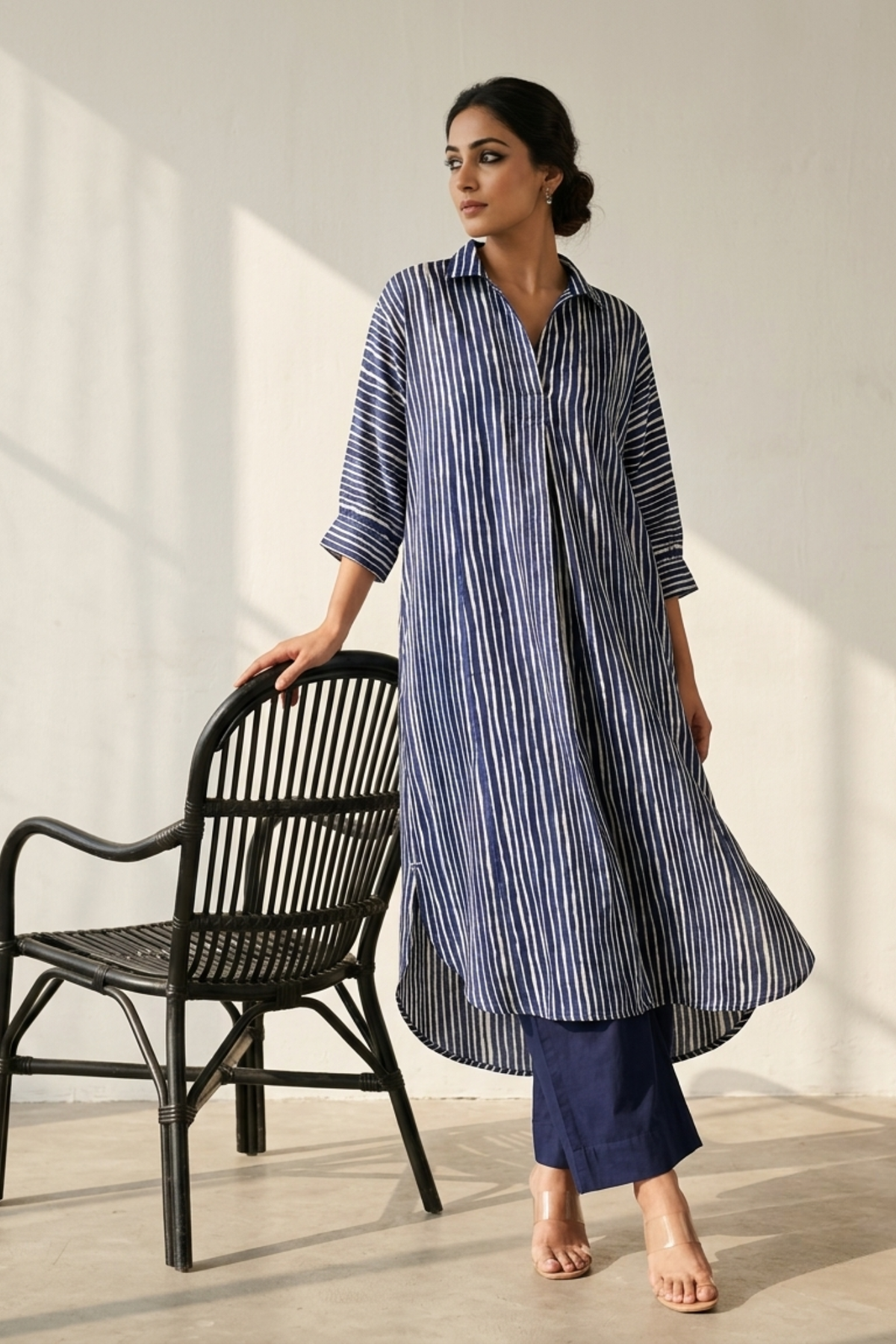 Indigo Linear Rhythm Cotton Satin Collar Box Pleat Kurta Mc