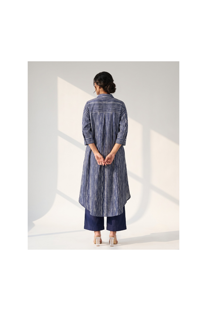 Indigo Linear Rhythm Cotton Satin Collar Box Pleat Kurta Mc