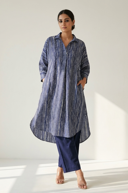 Indigo Linear Rhythm Cotton Satin Collar Box Pleat Kurta Mc