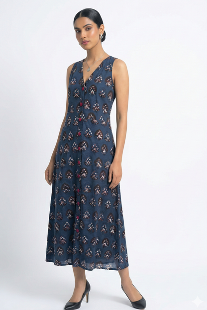 Maati Indigo Muse V-Neck Button Down Dress