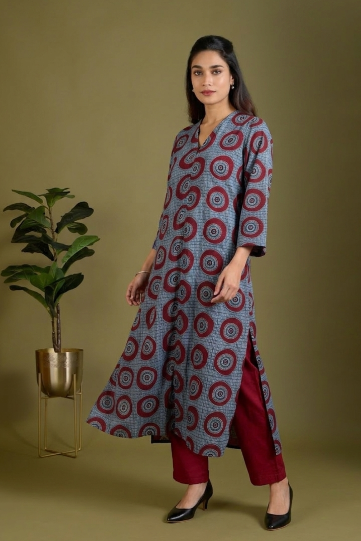 Indigo Red Moon Ajrakh Cotton Front Zipper A-Line Kurta Top Mc