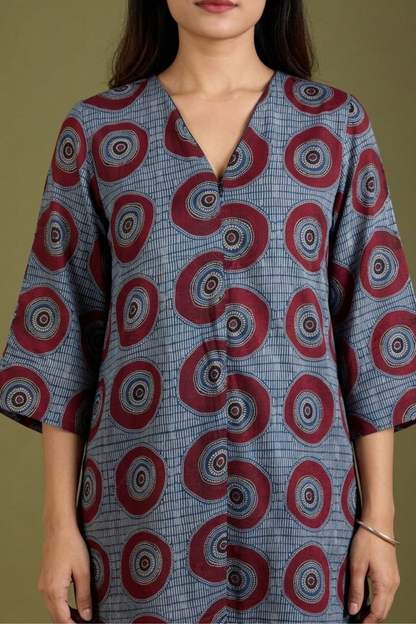 Indigo Red Moon Ajrakh Cotton Front Zipper A-Line Kurta Top Mc