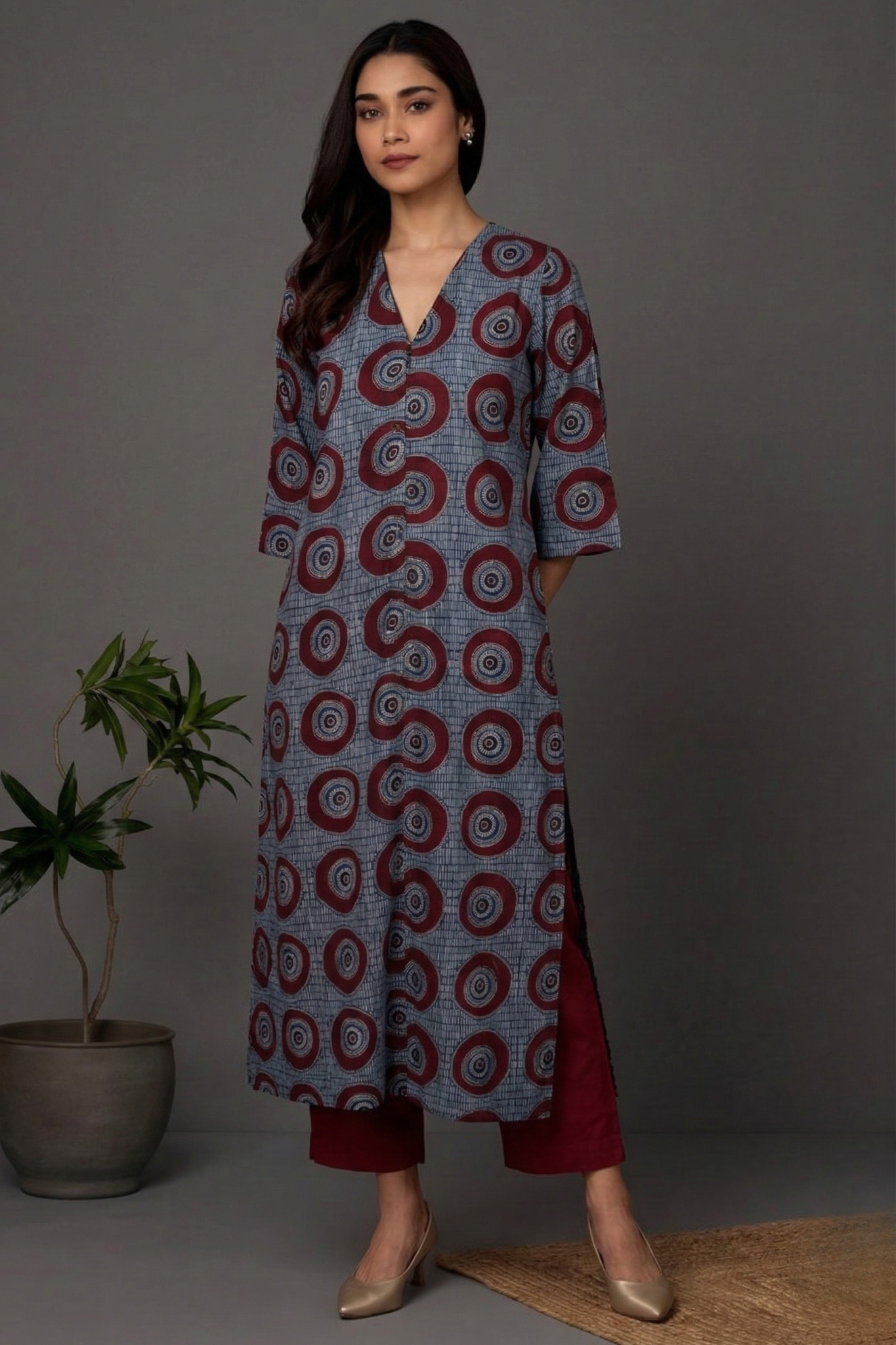 Indigo Red Moon Ajrakh Cotton Front Zipper A-Line Kurta Top Mc