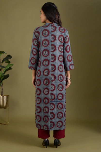 Indigo Red Moon Ajrakh Cotton Front Zipper A-Line Kurta Top Mc