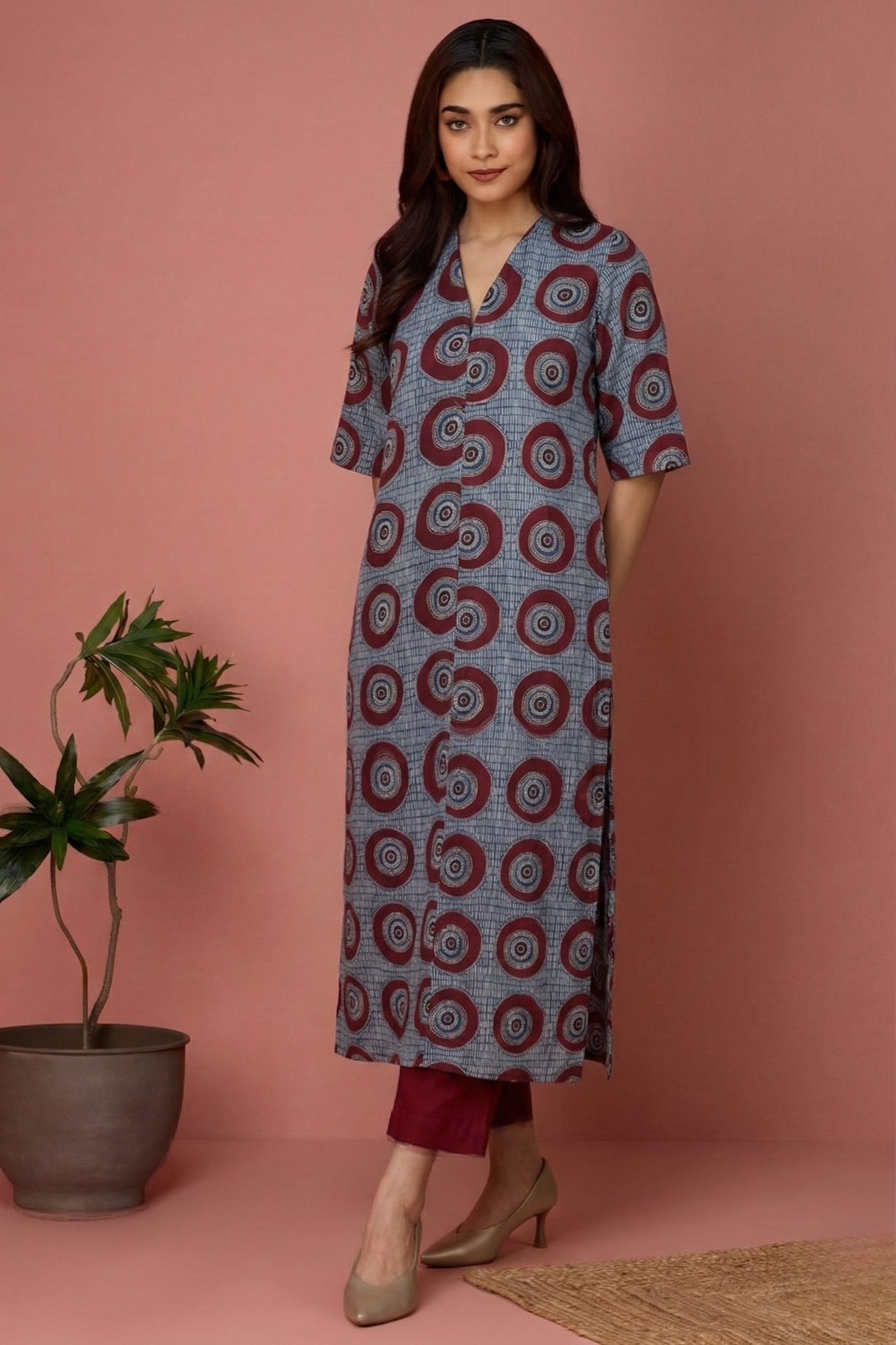 Indigo Red Moon Ajrakh Cotton Front Zipper A-Line Kurta Top Mc