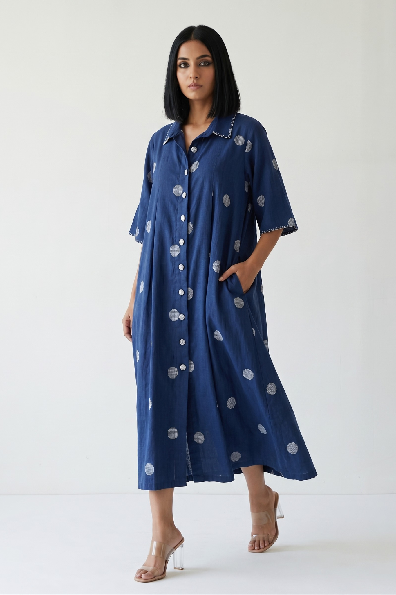 Indigo Snow Polka Cotton Box Pleat Button Down Shirt Dress