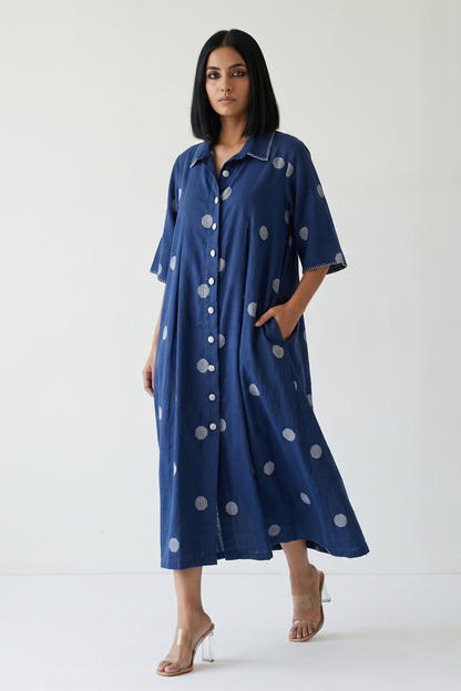 Indigo Snow Polka Cotton Box Pleat Button Down Shirt Dress