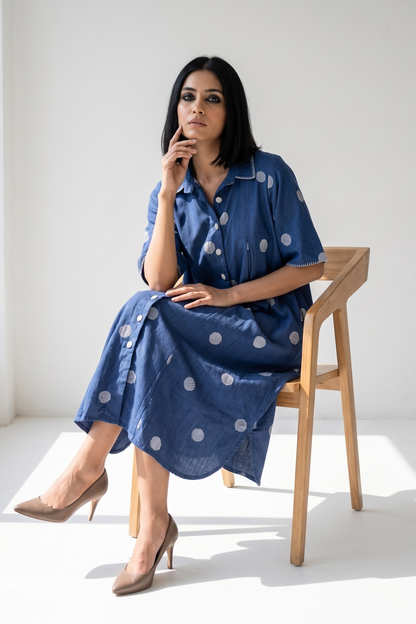 Indigo Snow Polka Cotton Box Pleat Button Down Shirt Dress