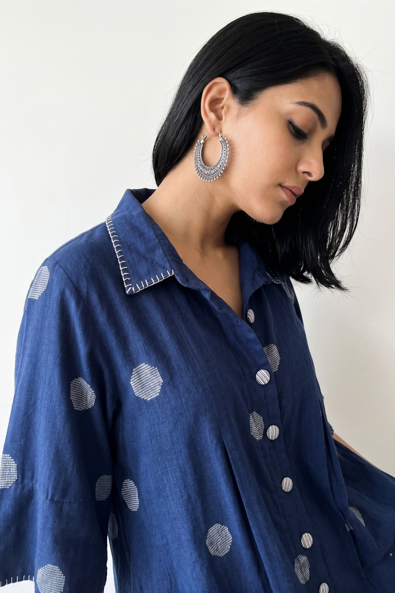 Indigo Snow Polka Cotton Box Pleat Button Down Shirt Dress