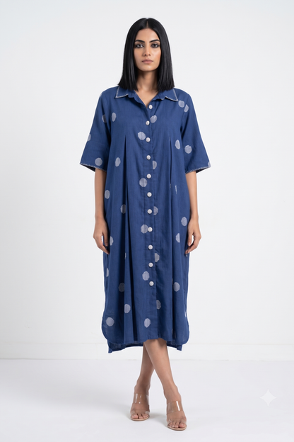 Indigo Snow Polka Cotton Box Pleat Button Down Shirt Dress
