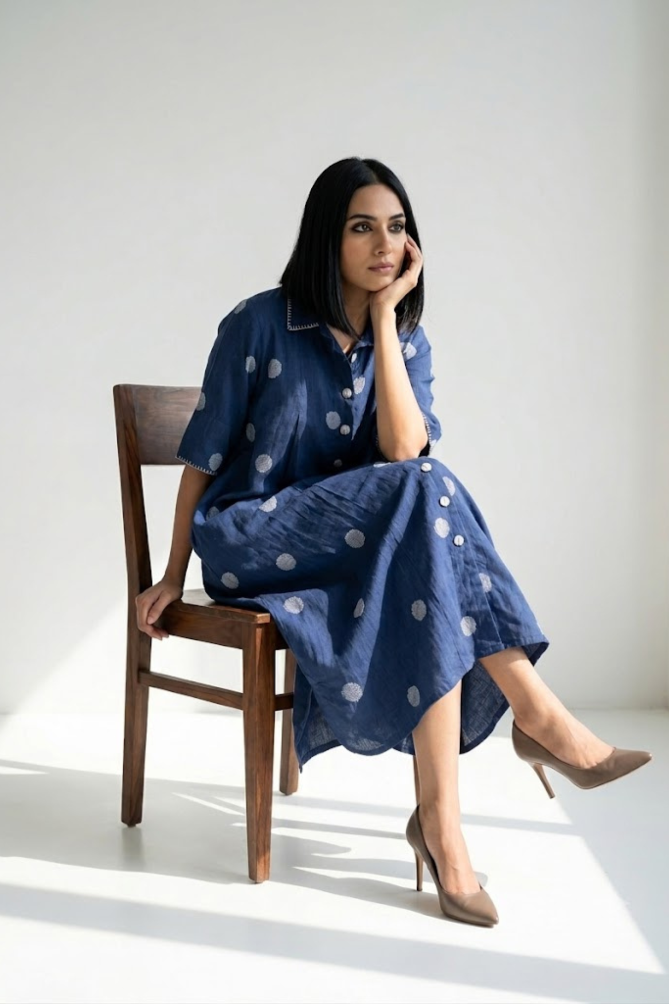 Indigo Snow Polka Cotton Box Pleat Button Down Shirt Dress