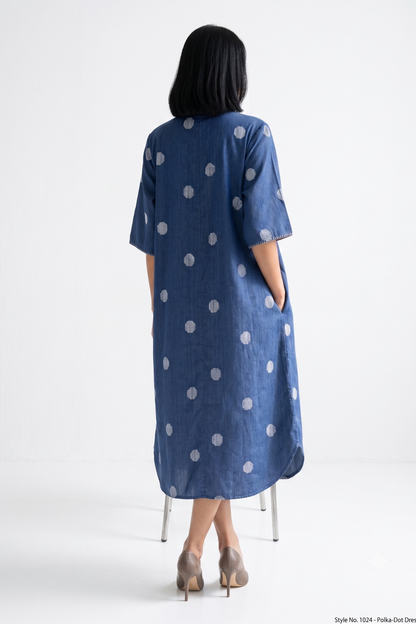 Indigo Snow Polka Cotton Box Pleat Button Down Shirt Dress