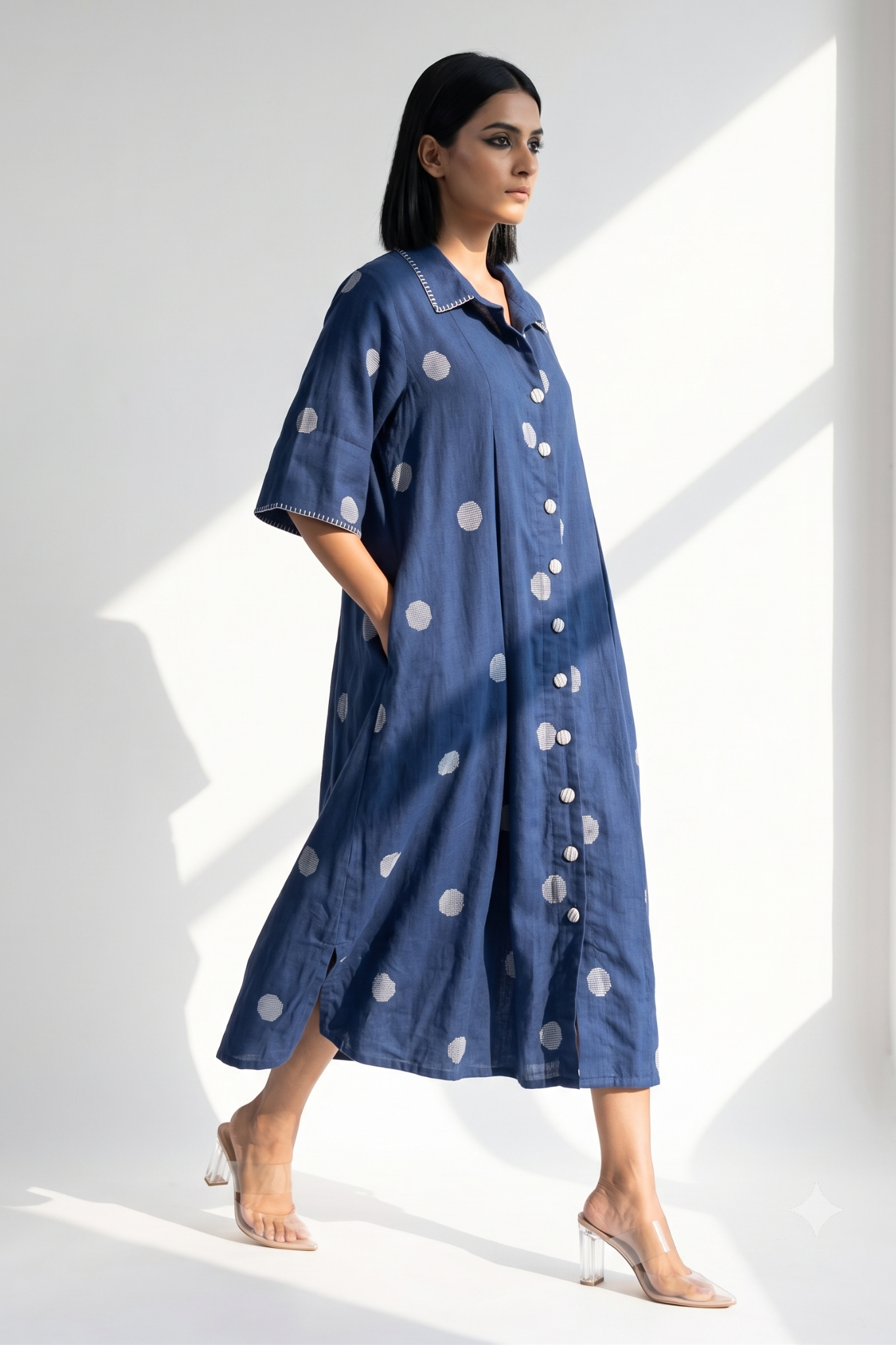 Indigo Snow Polka Cotton Box Pleat Button Down Shirt Dress