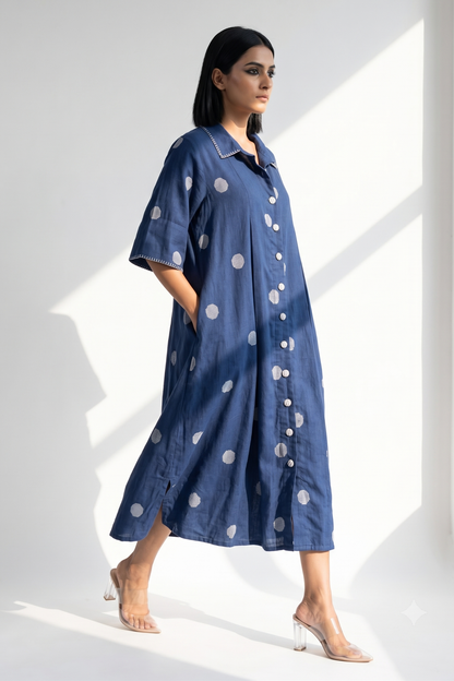 Indigo Snow Polka Cotton Box Pleat Button Down Shirt Dress
