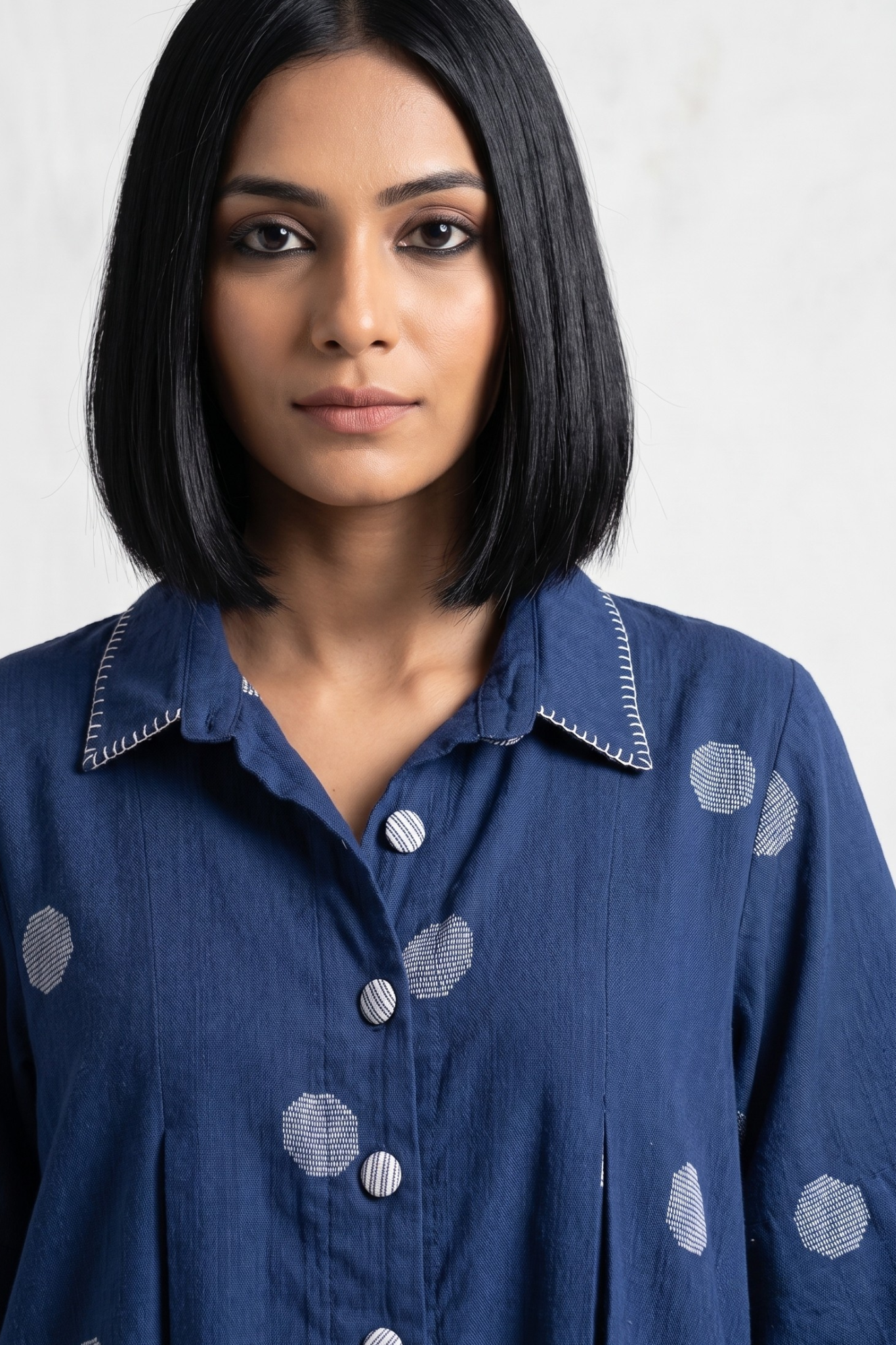 Indigo Snow Polka Cotton Box Pleat Button Down Shirt Dress
