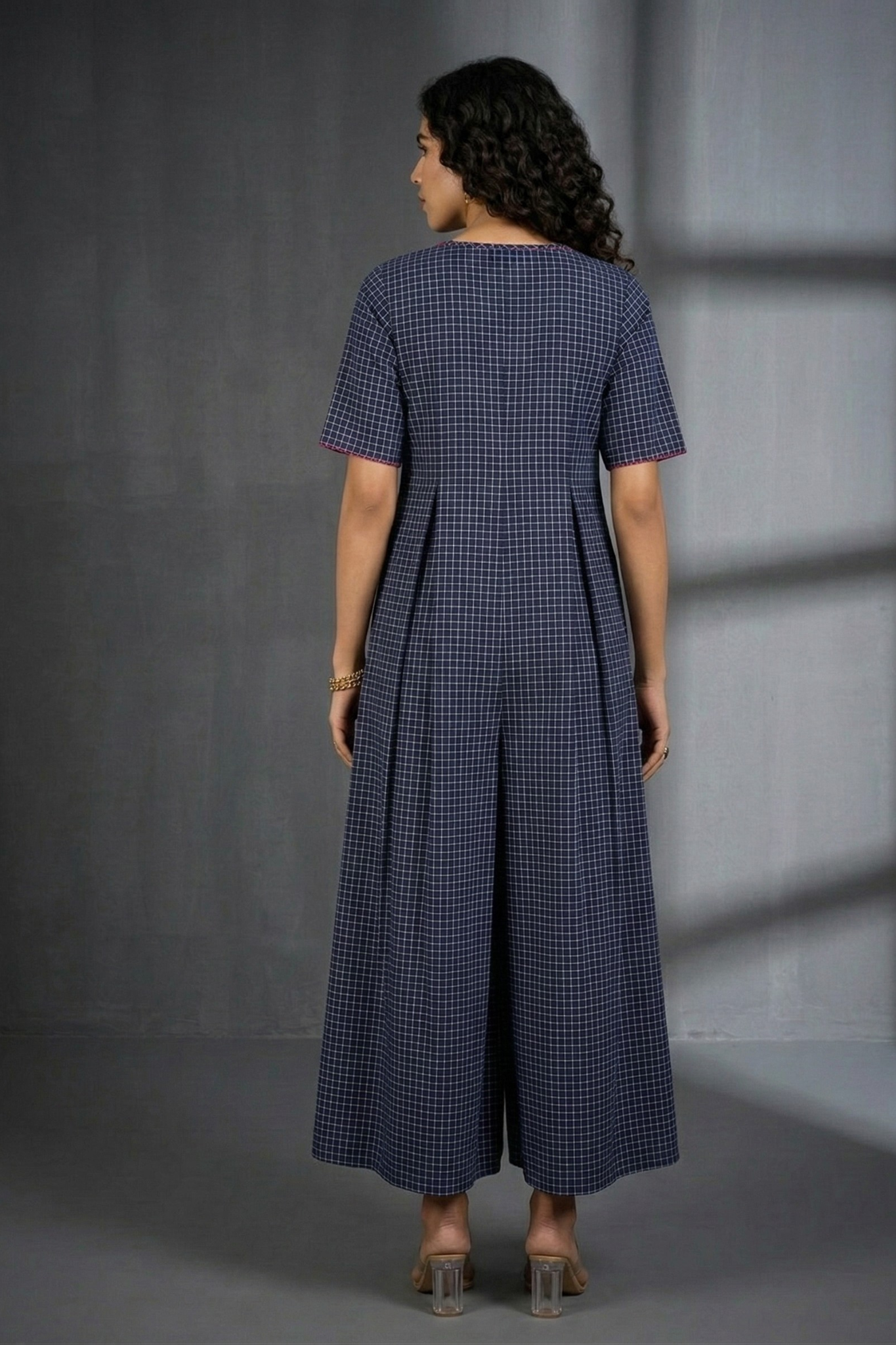 Indigo Whisper Checks Front Zipper Cotton Jumpsuit With Pockets & Sleeves Mc