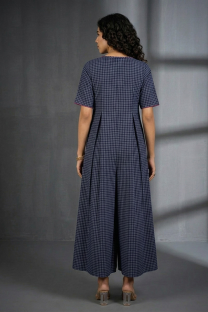 Indigo Whisper Checks Front Zipper Cotton Jumpsuit With Pockets & Sleeves Mc