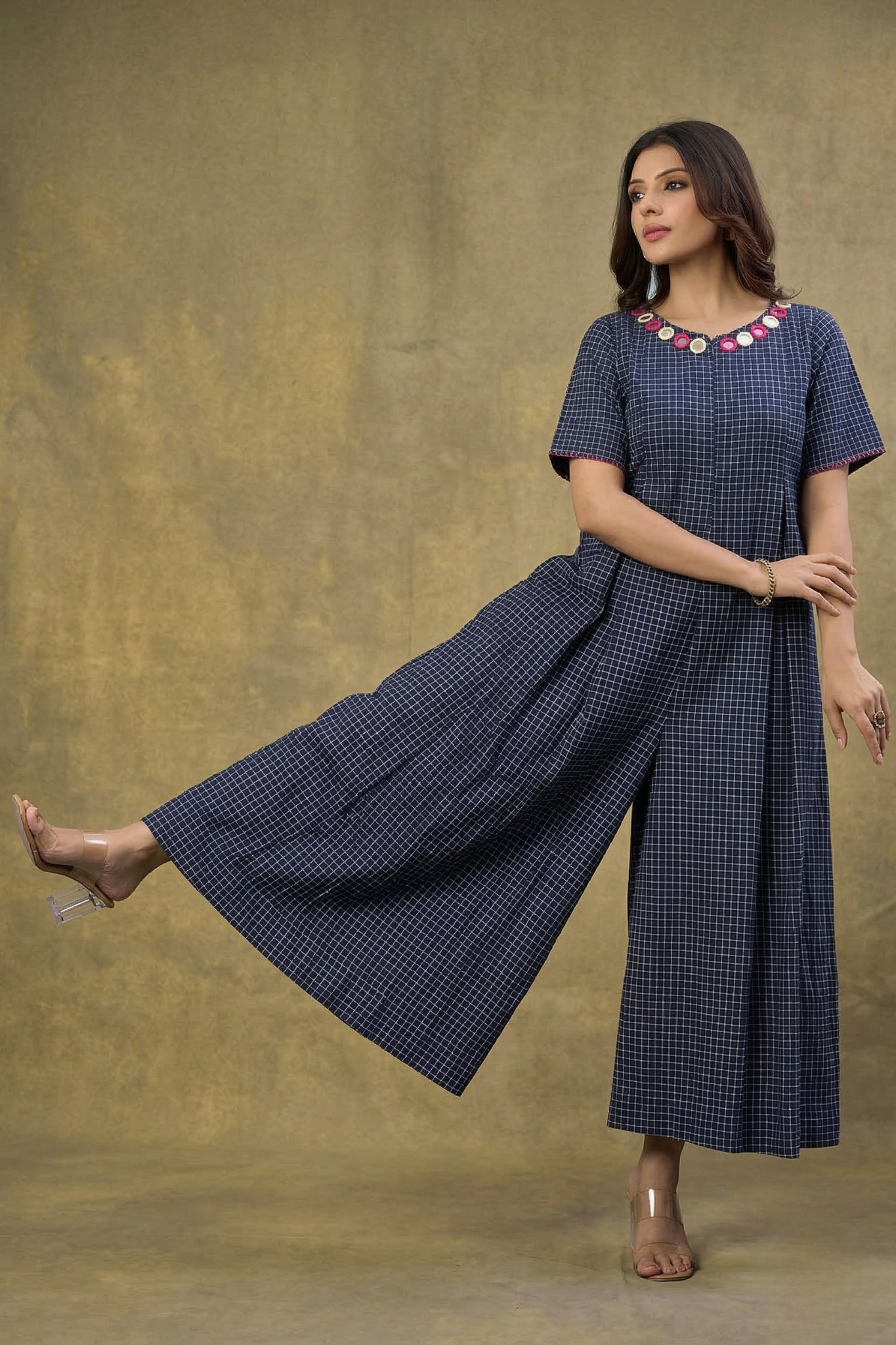 Indigo Whisper Checks Front Zipper Cotton Jumpsuit With Pockets & Sleeves Mc