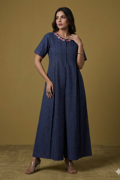 Indigo Whisper Checks Front Zipper Cotton Jumpsuit With Pockets & Sleeves Mc