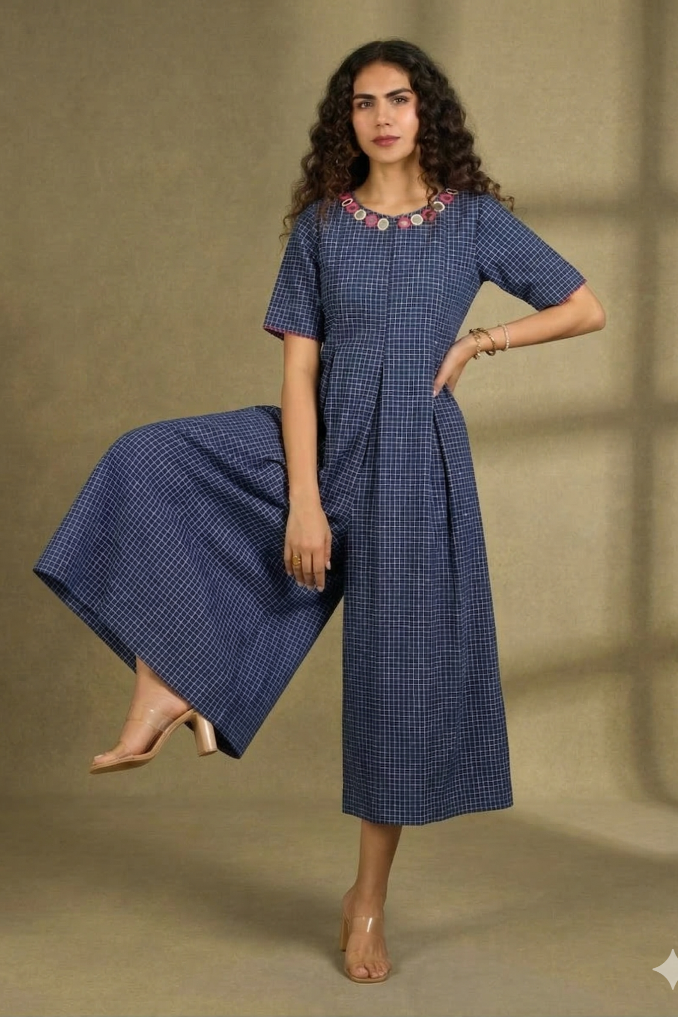 Indigo Whisper Checks Front Zipper Cotton Jumpsuit With Pockets & Sleeves Mc