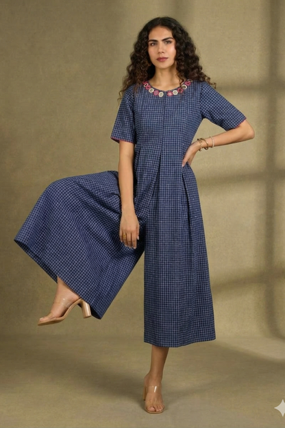 Indigo Whisper Checks Front Zipper Cotton Jumpsuit With Pockets & Sleeves Mc