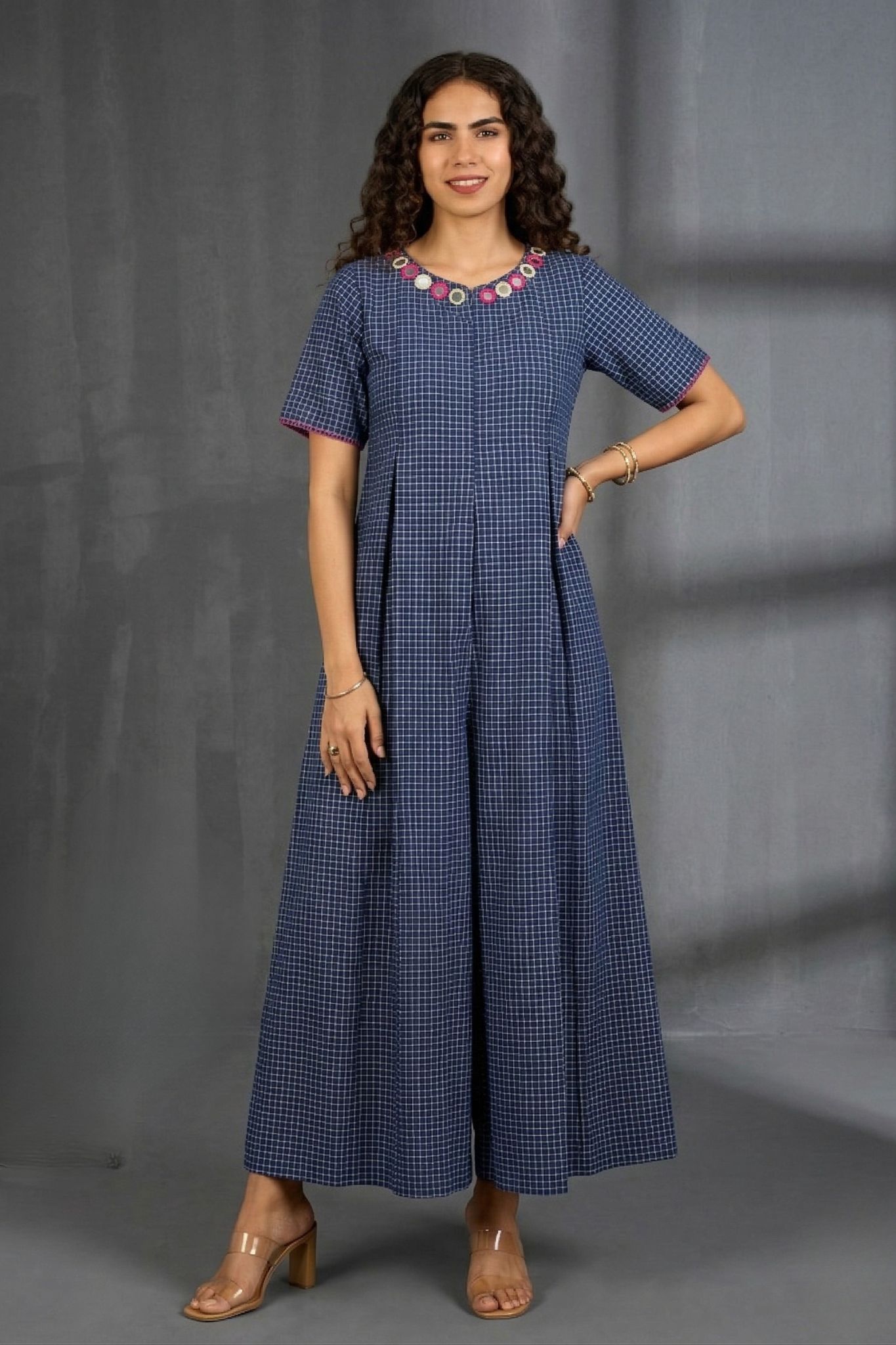 Indigo Whisper Checks Front Zipper Cotton Jumpsuit With Pockets & Sleeves Mc