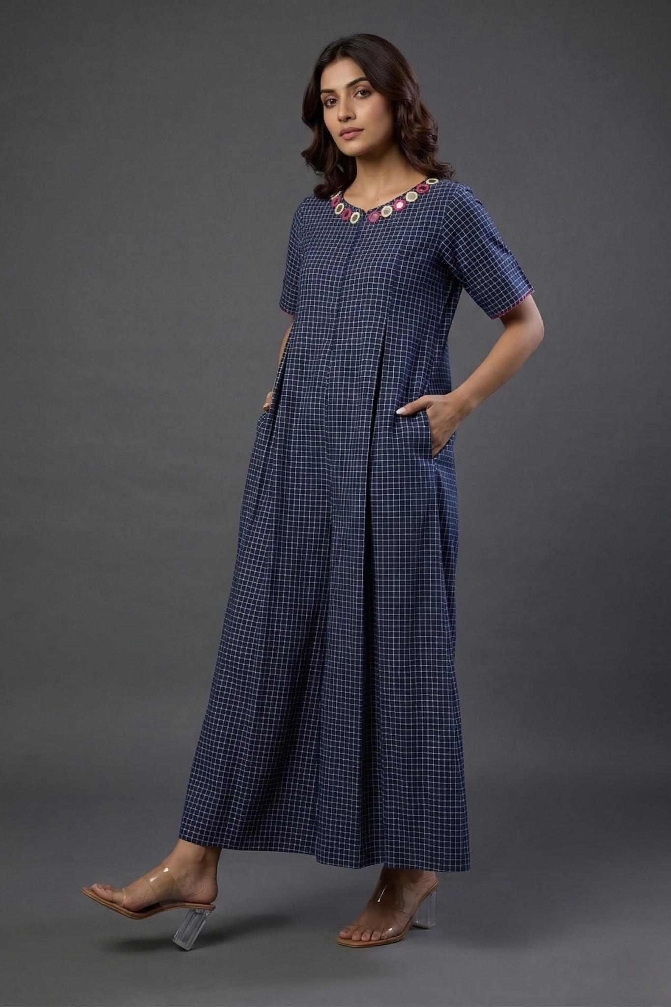 Indigo Whisper Checks Front Zipper Cotton Jumpsuit With Pockets & Sleeves Mc