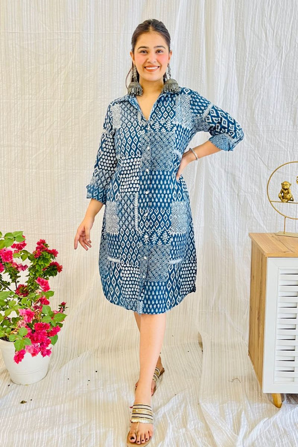 Indigo Hand Block Shirt Dress