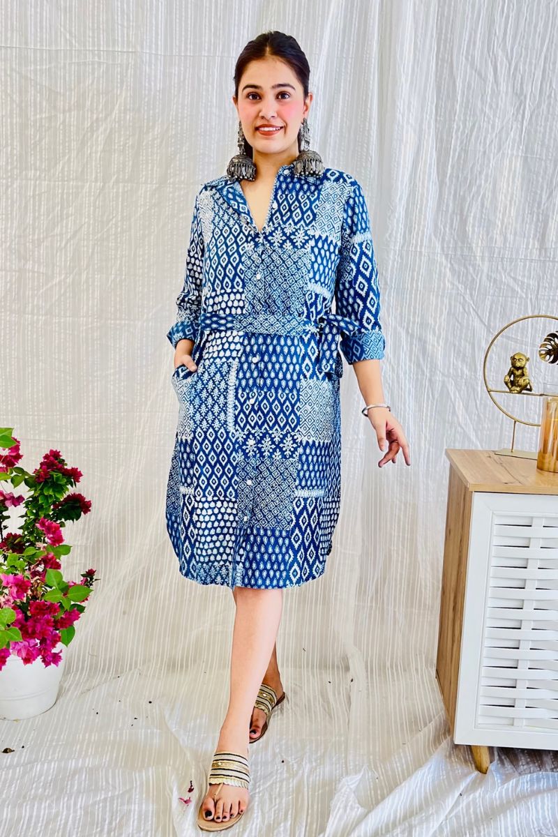 Indigo Hand Block Shirt Dress