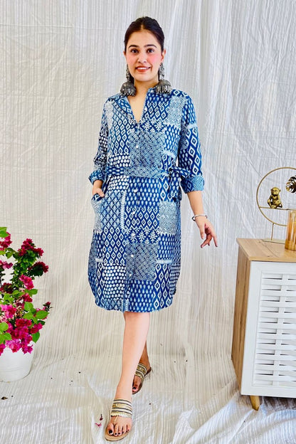 Indigo Hand Block Shirt Dress