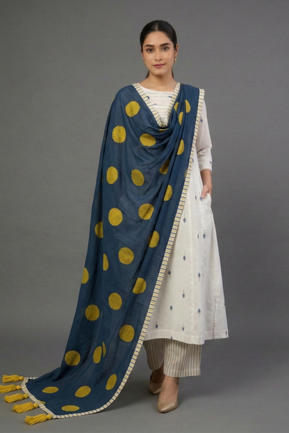 Ivory Leaf Confetti Cotton Pintuck Yoke Kurta Top With Pockets Mc