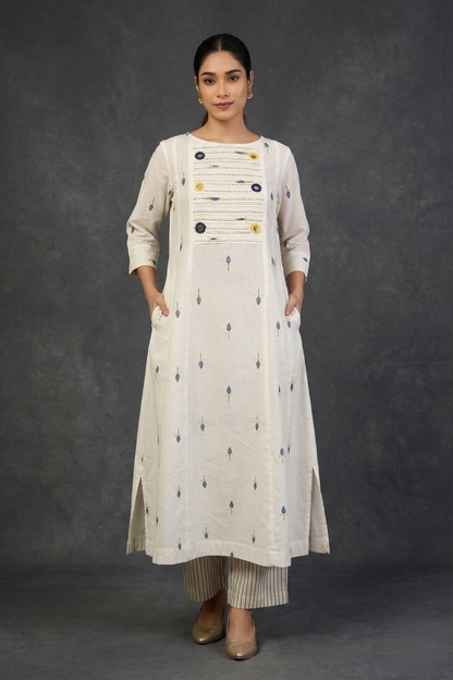 Ivory Leaf Confetti Cotton Pintuck Yoke Kurta Top With Pockets Mc