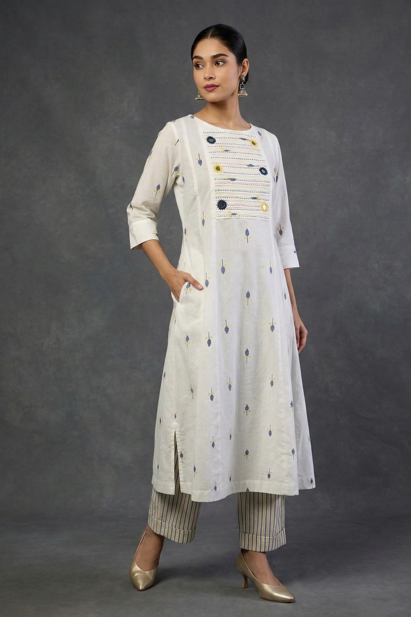 Ivory Leaf Confetti Cotton Pintuck Yoke Kurta Top With Pockets Mc