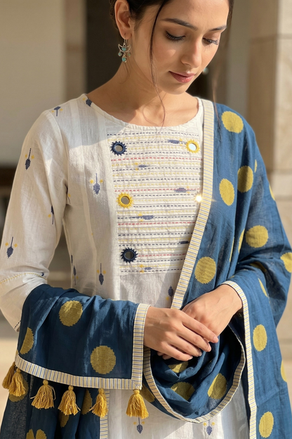 Ivory Leaf Confetti Cotton Pintuck Yoke Kurta Top With Pockets Mc
