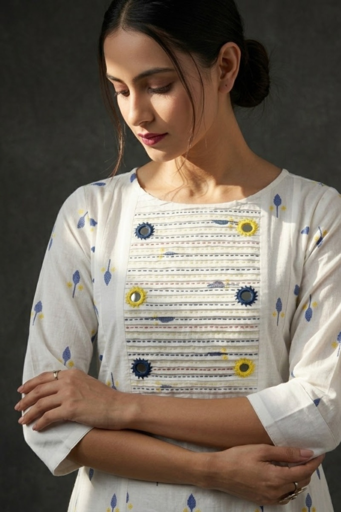 Ivory Leaf Confetti Cotton Pintuck Yoke Kurta Top With Pockets Mc