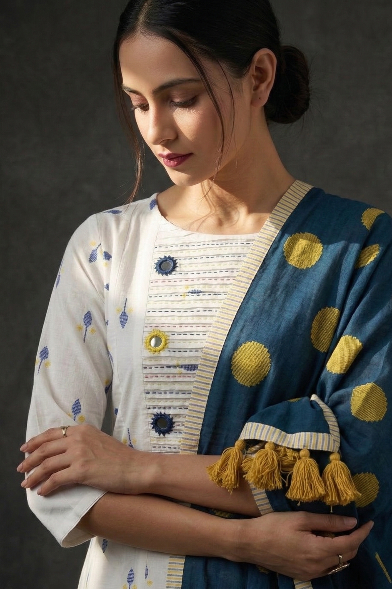Ivory Leaf Confetti Cotton Pintuck Yoke Kurta Top With Pockets Mc