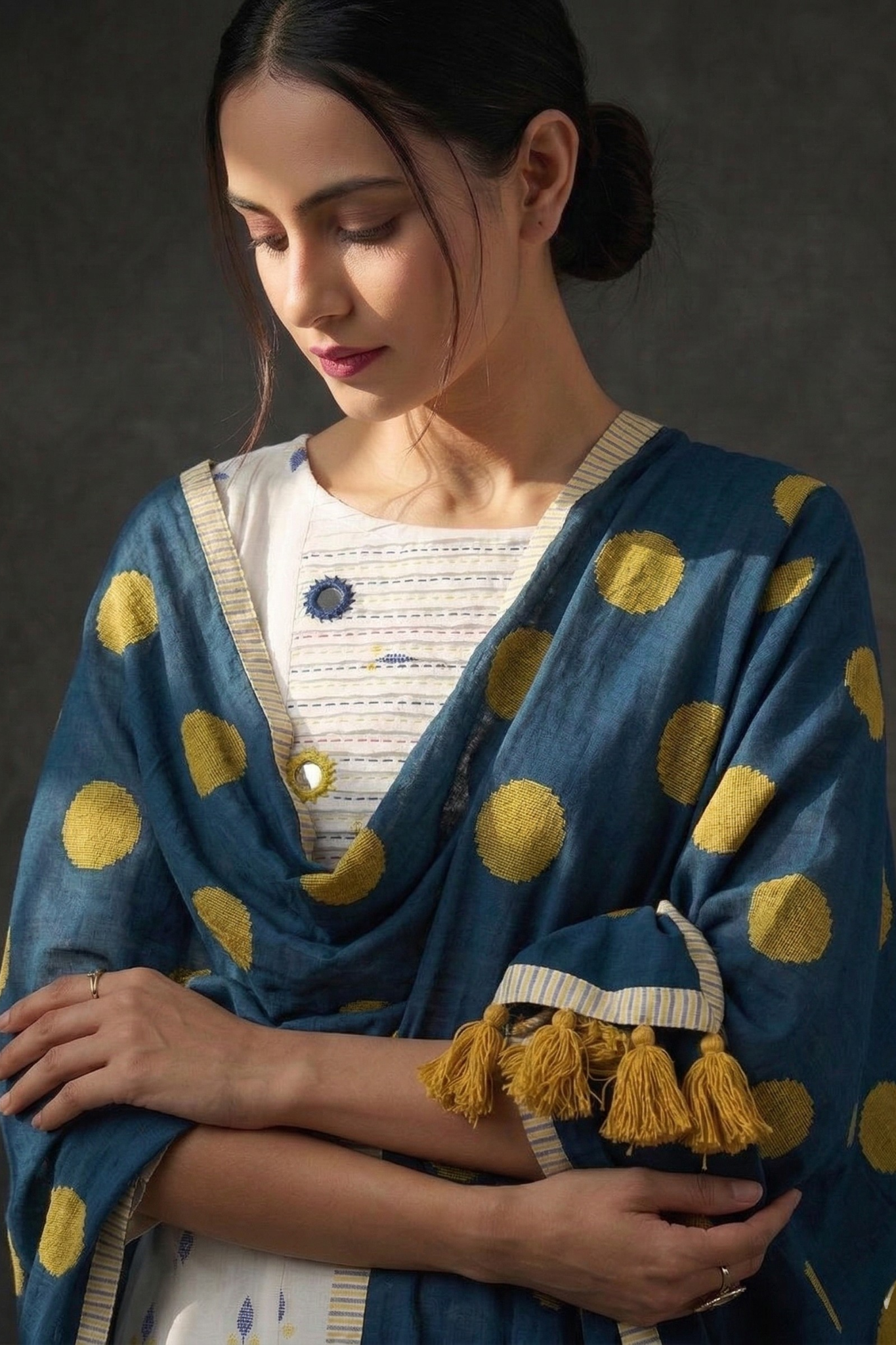 Ivory Leaf Confetti Cotton Pintuck Yoke Kurta Top With Pockets Mc