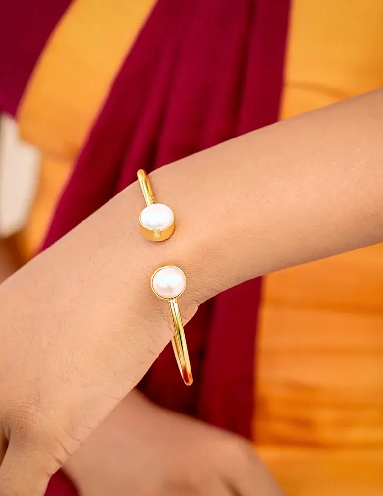 18K Gold-Tone Open Cuff Bracelet with White Pearl Accents