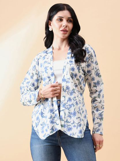 Front Open Cambric Printed Jacket- white and blue