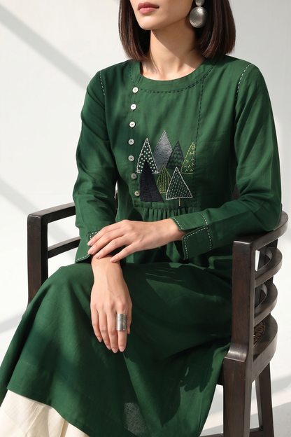 Jungle Jade Cotton Zen Yoke Gather Kurta Top