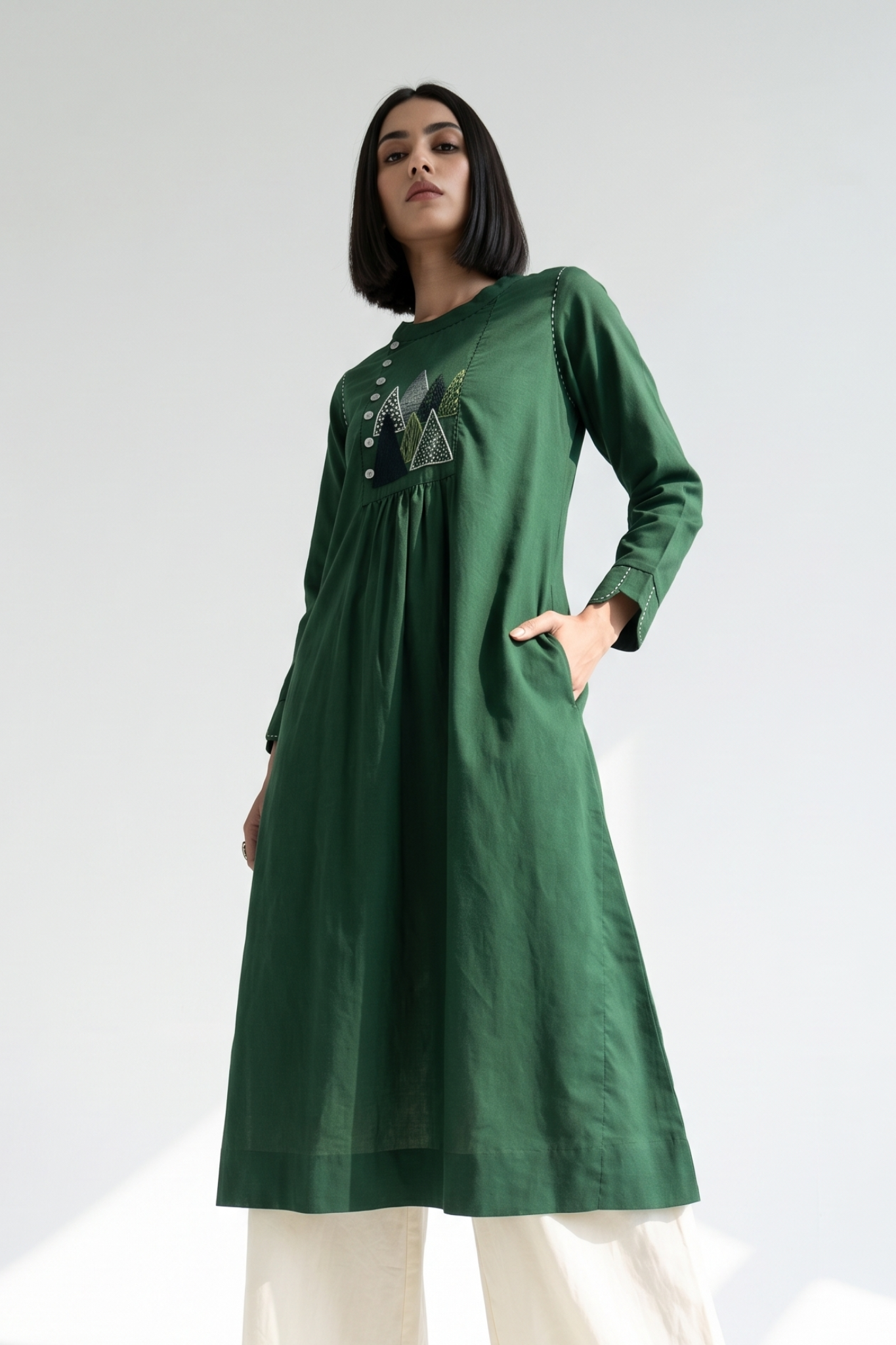 Jungle Jade Cotton Zen Yoke Gather Kurta Top